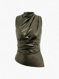 Mock Neck Faux Deri Cinched Tank Üst - Phentora