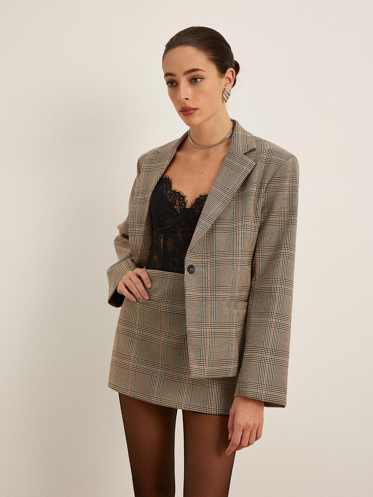 Ekose Desenli Bol Kesim Blazer Ceket - Phentora