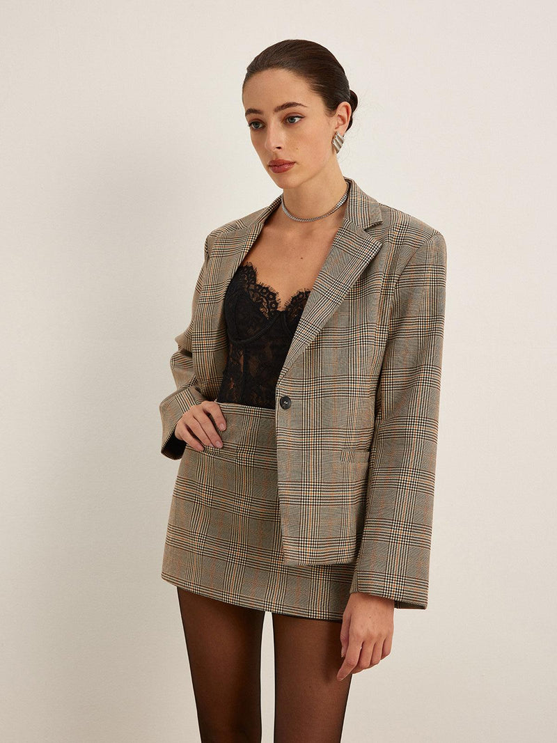 Ekose Desenli Bol Kesim Blazer Ceket - Phentora