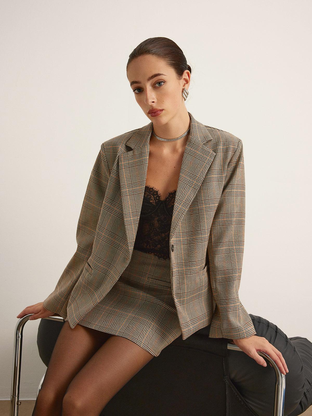 Ekose Desenli Bol Kesim Blazer Ceket - Phentora