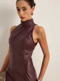 Stand Collar Faux Deri Skinny Tank Elbise - Phentora