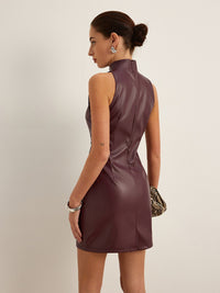 Stand Collar Faux Deri Skinny Tank Elbise - Phentora