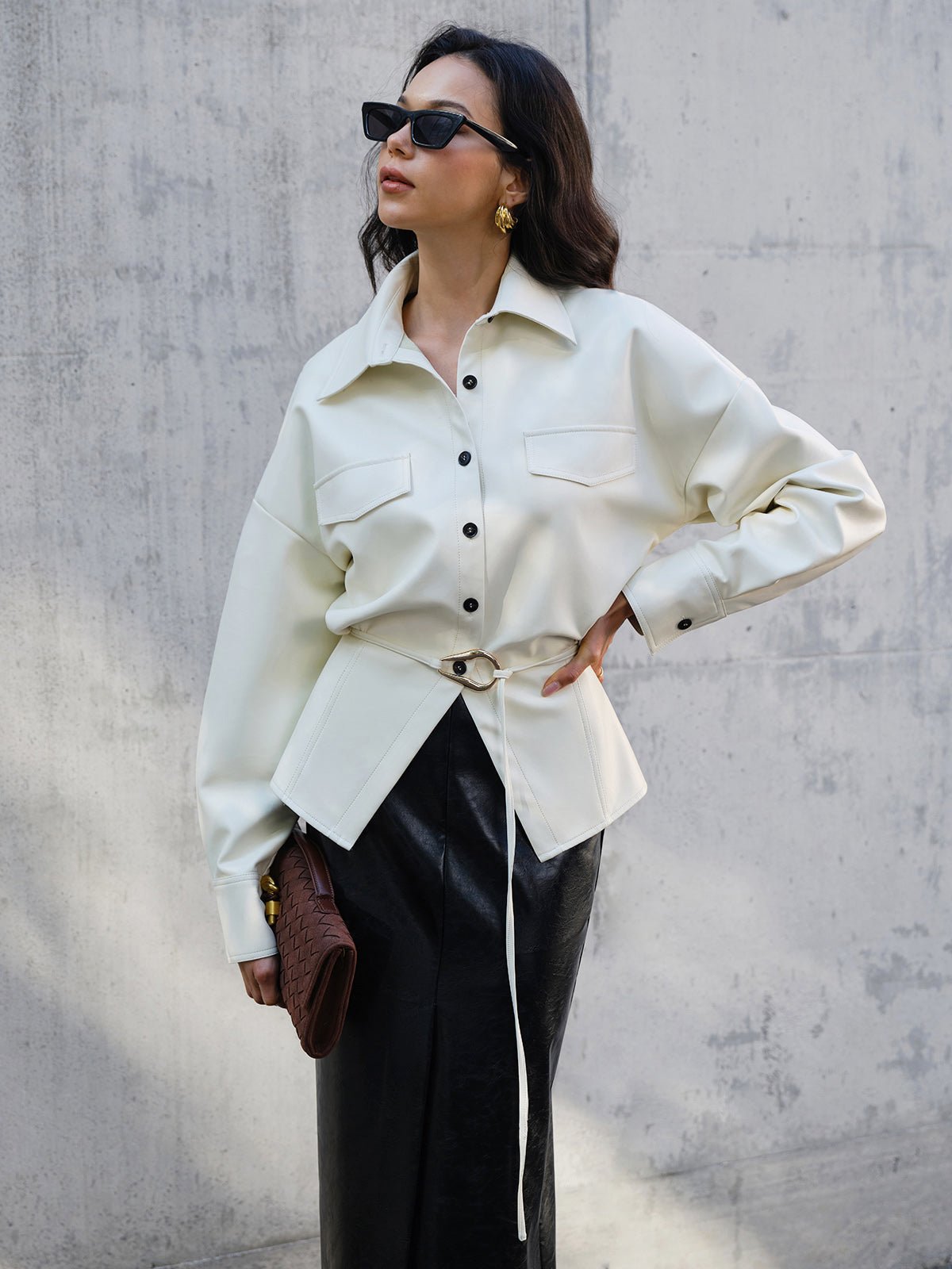 Faux Deri Düğmeli Polo Gömlek Without Belt - Phentora