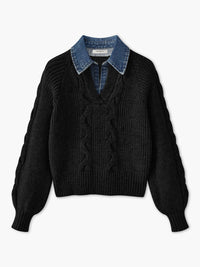 Denim Yakalı Örgü Detaylı Gri Kazak - Phentora