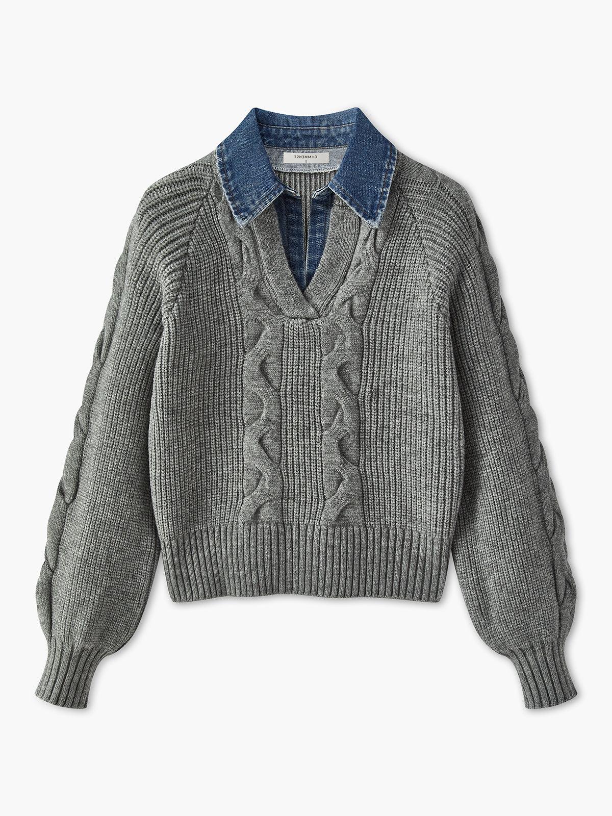 Denim Yakalı Örgü Detaylı Gri Kazak - Phentora