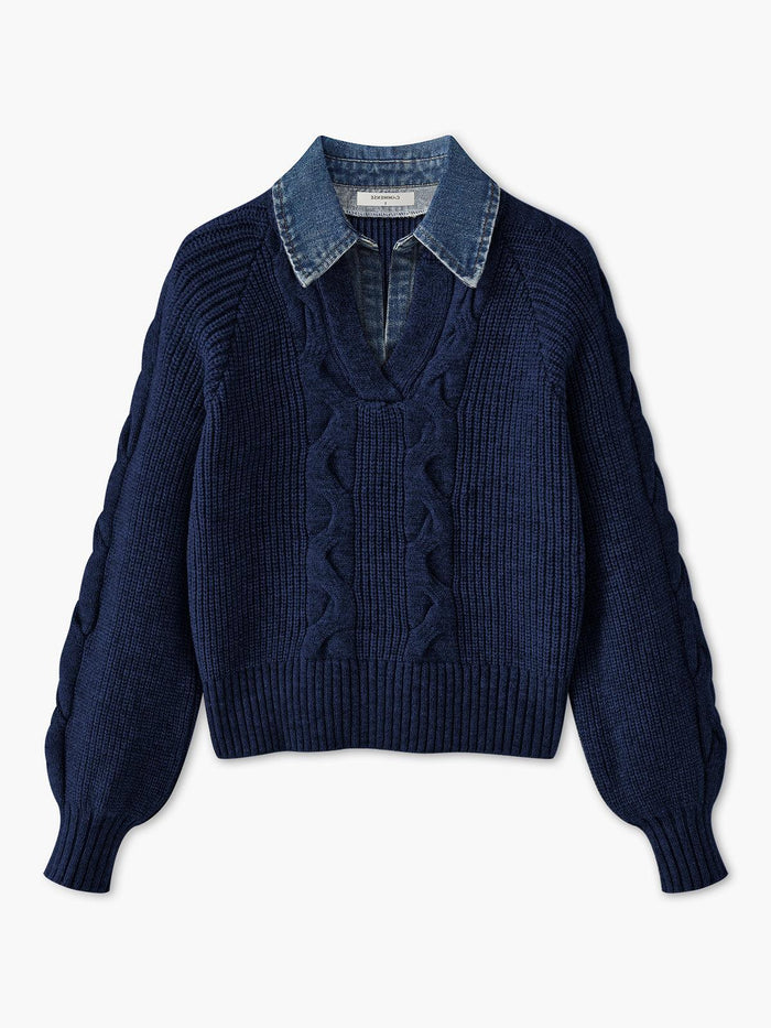 Denim Yakalı Örgü Detaylı Gri Kazak - Phentora