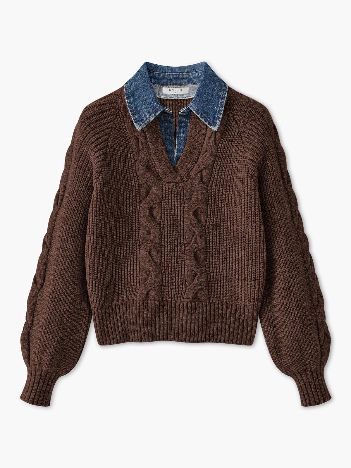 Denim Yakalı Örgü Detaylı Gri Kazak - Phentora