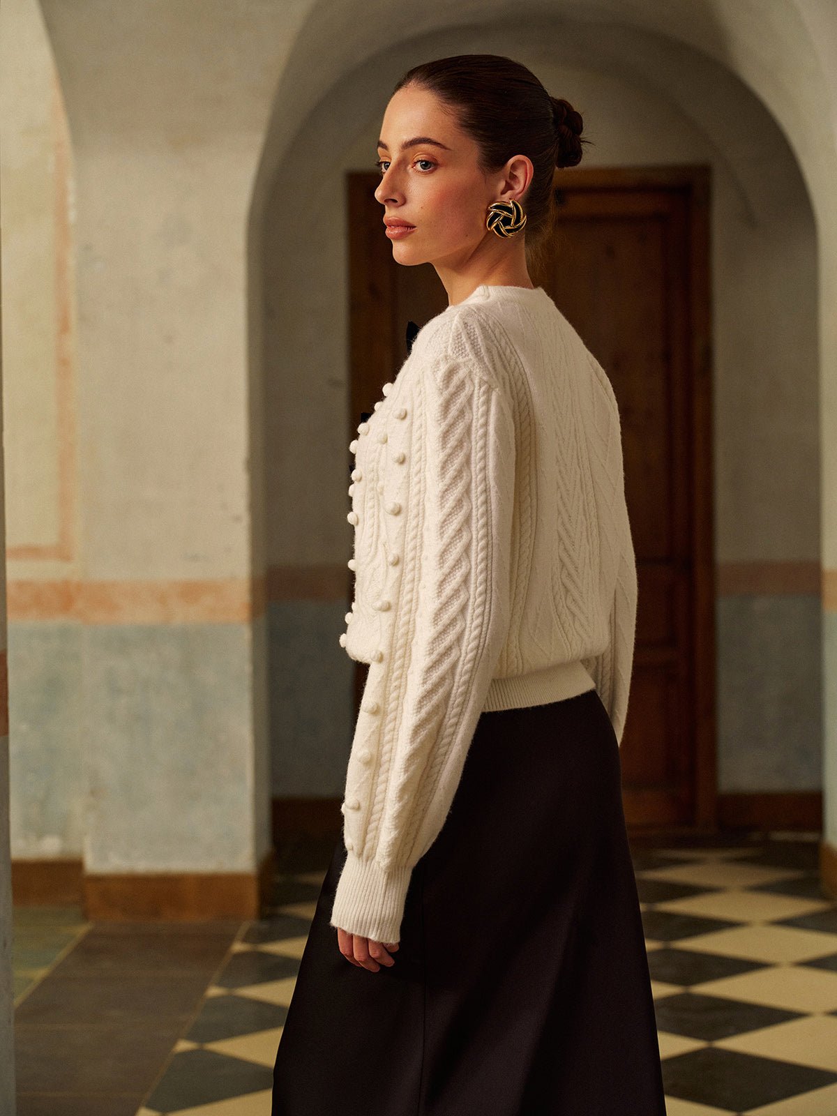 Fiyonklu Örgü Top Desenli Kazak - Phentora