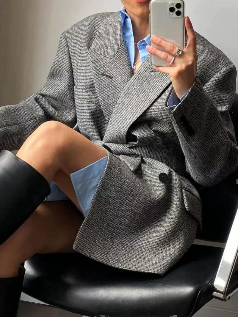 Gri Bol Kesim Ekose Blazer Ceket - Phentora