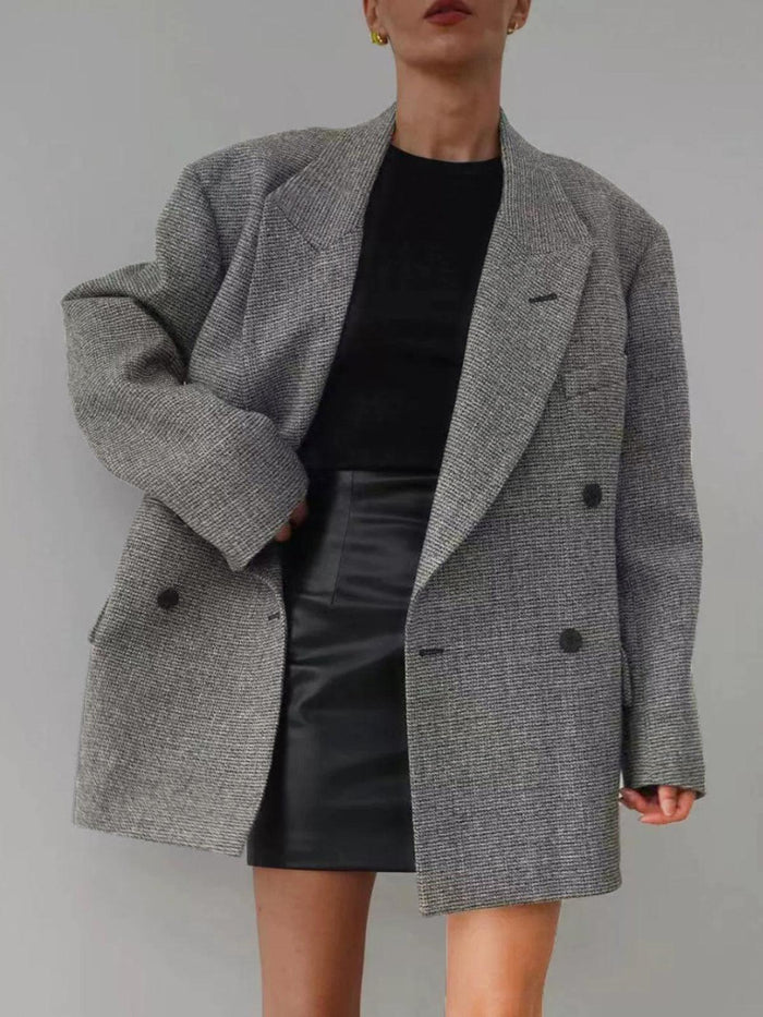 Gri Bol Kesim Ekose Blazer Ceket - Phentora