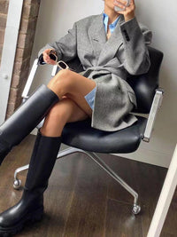 Gri Bol Kesim Ekose Blazer Ceket - Phentora