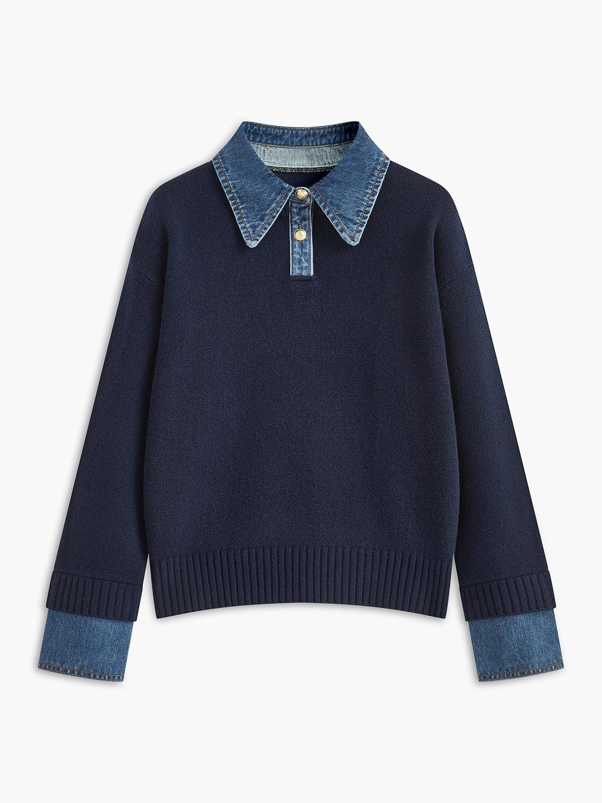 Denim Detaylı Triko Kazak - Phentora