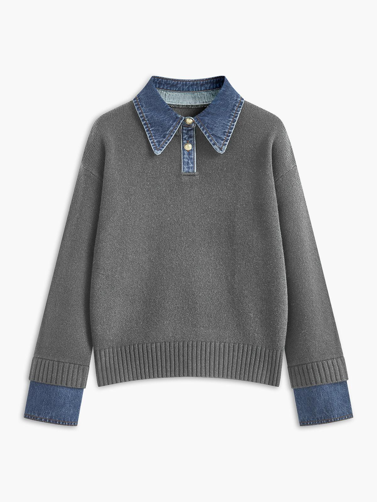Denim Detaylı Triko Kazak - Phentora