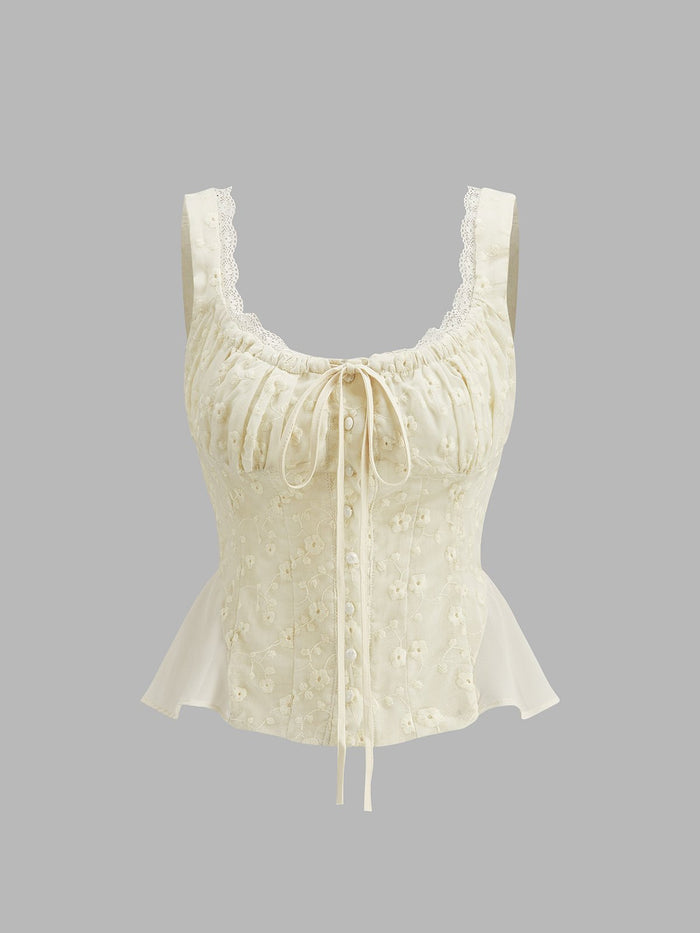 Dantel Trim Büzgülü Çiçek Desenli Peplum Üst - Phentora
