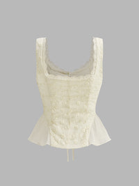 Dantel Trim Büzgülü Çiçek Desenli Peplum Üst - Phentora