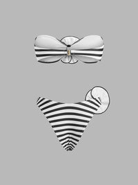 Şık Çizgili Bandeau Bikini Takımı Çiçek Aksamları ile - Phentora