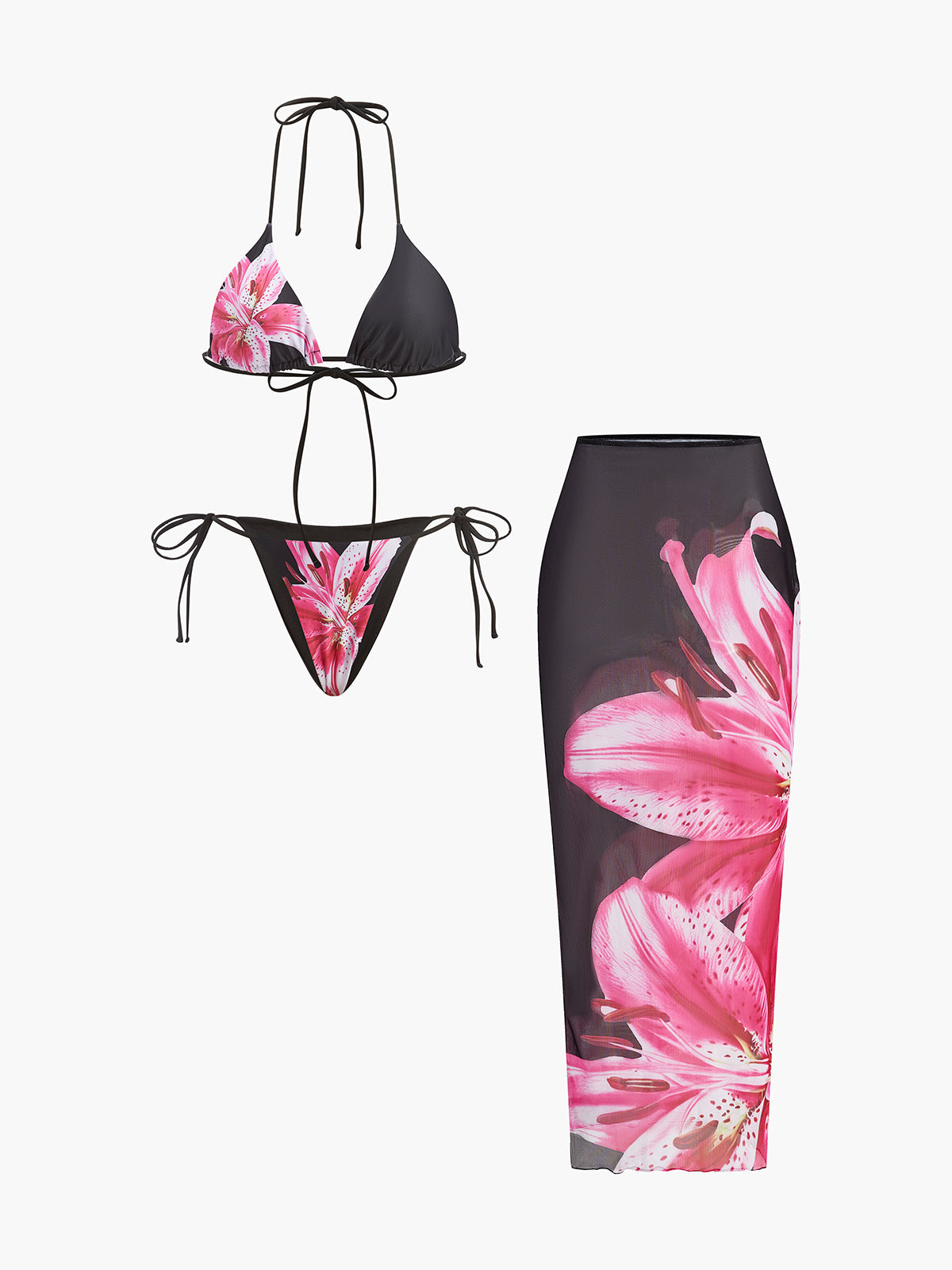 Çiçek Desenli Bikini & File Etekli Takım