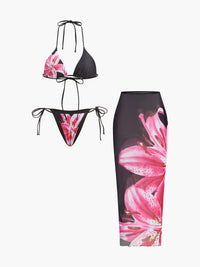 Çiçek Desenli Bikini & File Etekli Takım