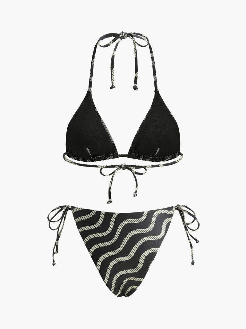Şık Plaj Görünümü için Şık Dalga Desenli Üçgen Bikini Seti - Phentora