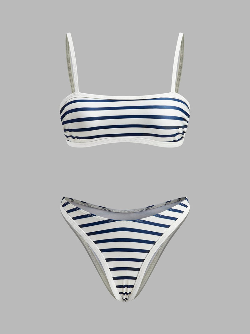 Şık Plaj Görünümü İçin Şık Deniz Çizgili Yüksek Kesim Bikini - Phentora
