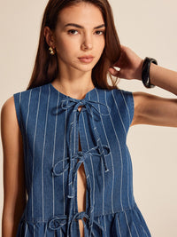 Şık Çizgili Düğüm Detaylı Kot Yelek - Phentora