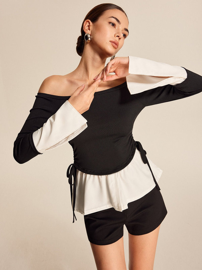 Bold Contrast Omuzları Açık Düz Kesim Neck Bluz - Phentora