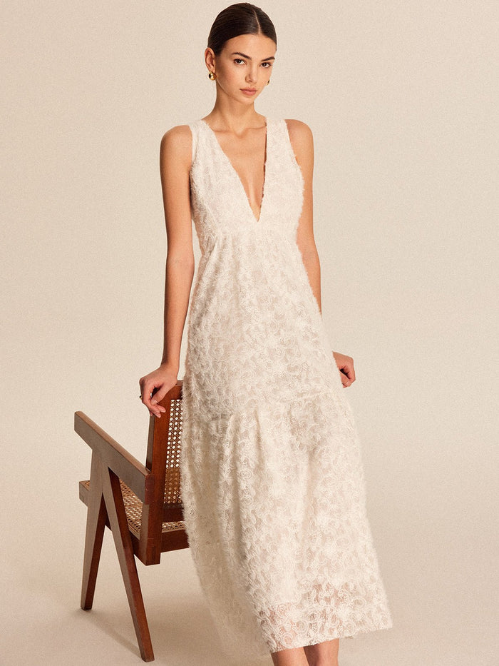 Boho Deep V Yaka Dantel Elbise - Phentora