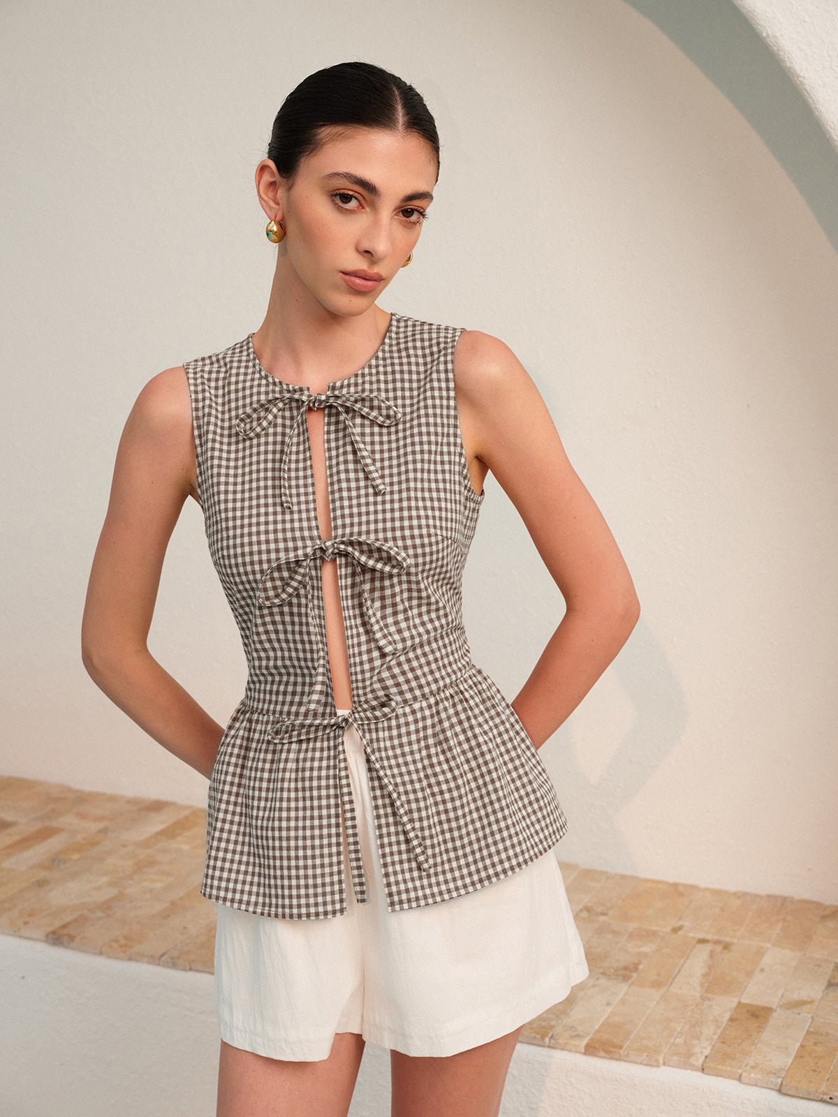 Gingham Bağlamalı - Front Peplum Üst - Phentora