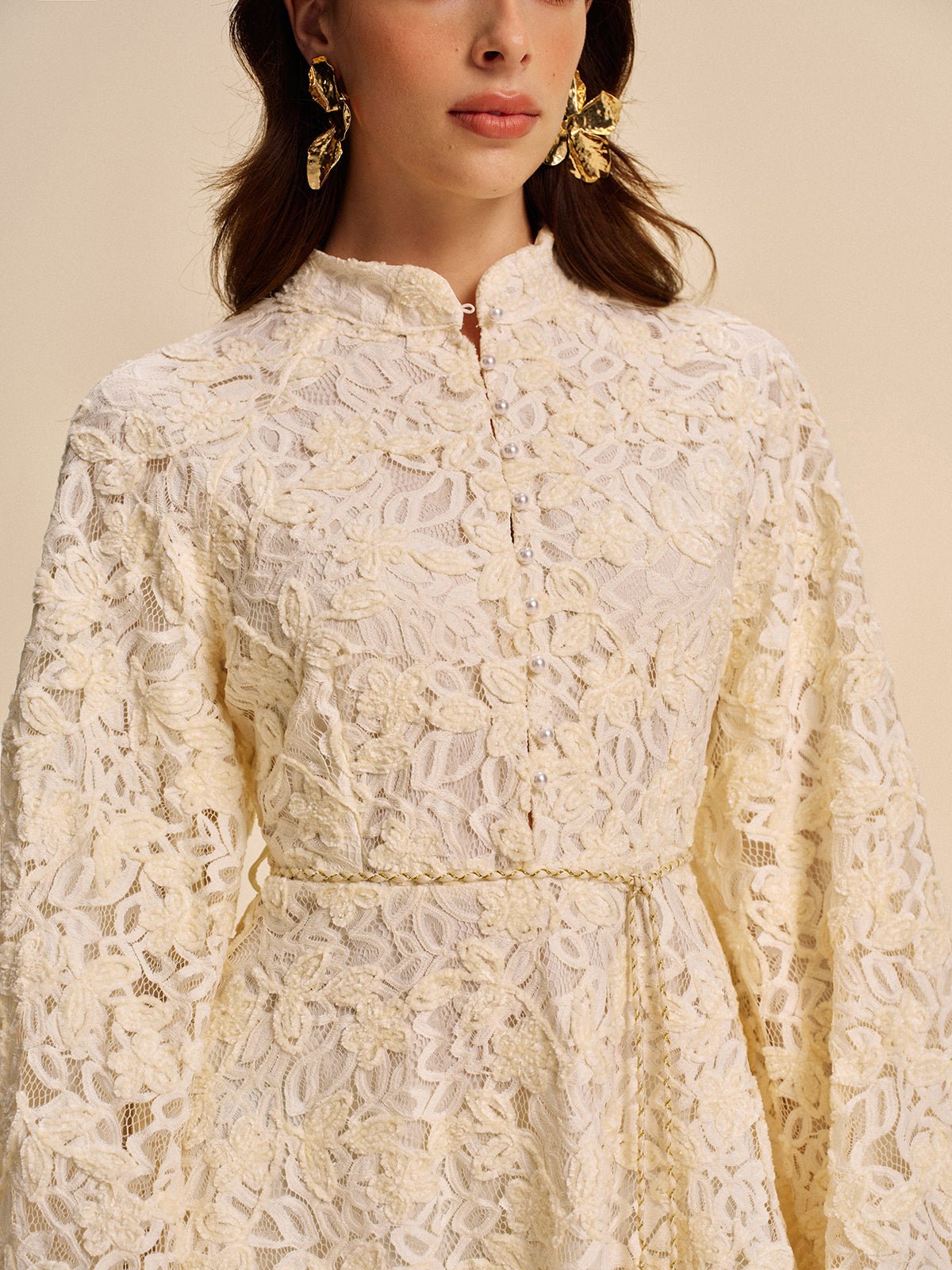 Dantel Bell - Sleeve Elbise With Belt - Phentora