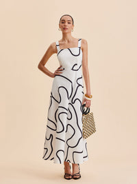Abstract Line Desenli Square Strap Elbise - Phentora