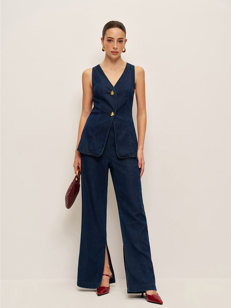 Zamansız Denim Düğmeli Yelek - Phentora