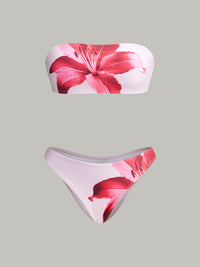 Şık Kapama Eteği ile Sevimli Çiçek Desenli Bandeau Bikini Seti - Phentora