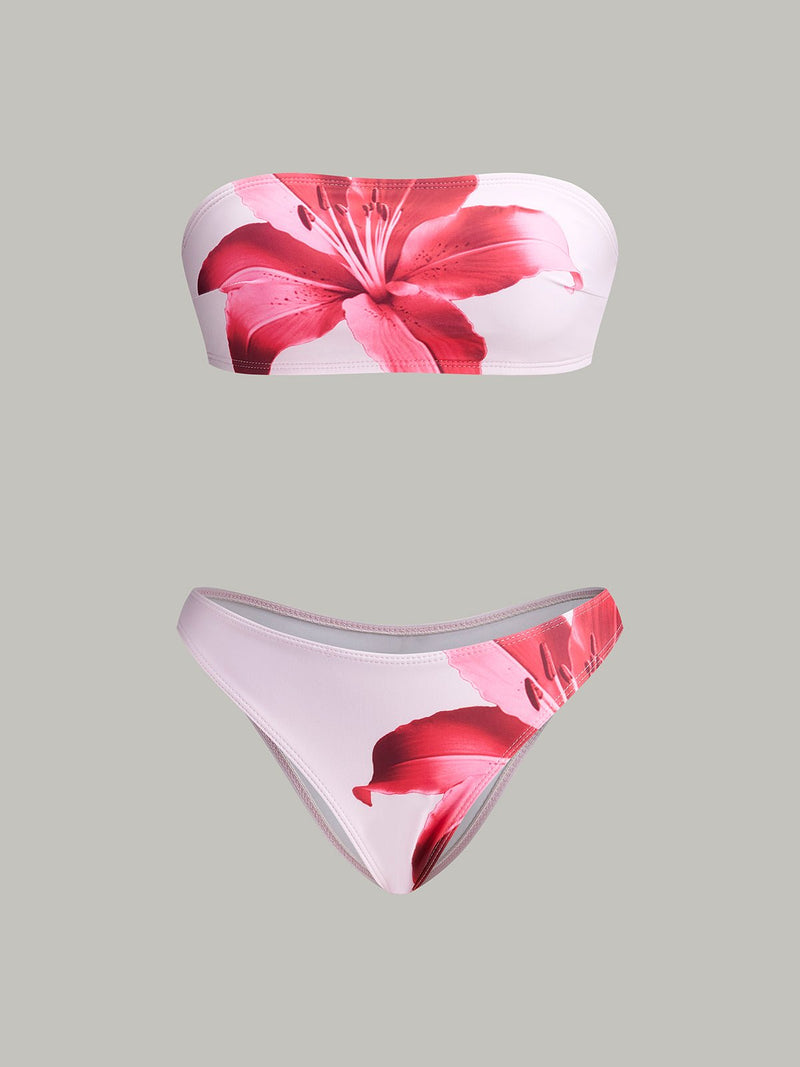 Şık Kapama Eteği ile Sevimli Çiçek Desenli Bandeau Bikini Seti - Phentora