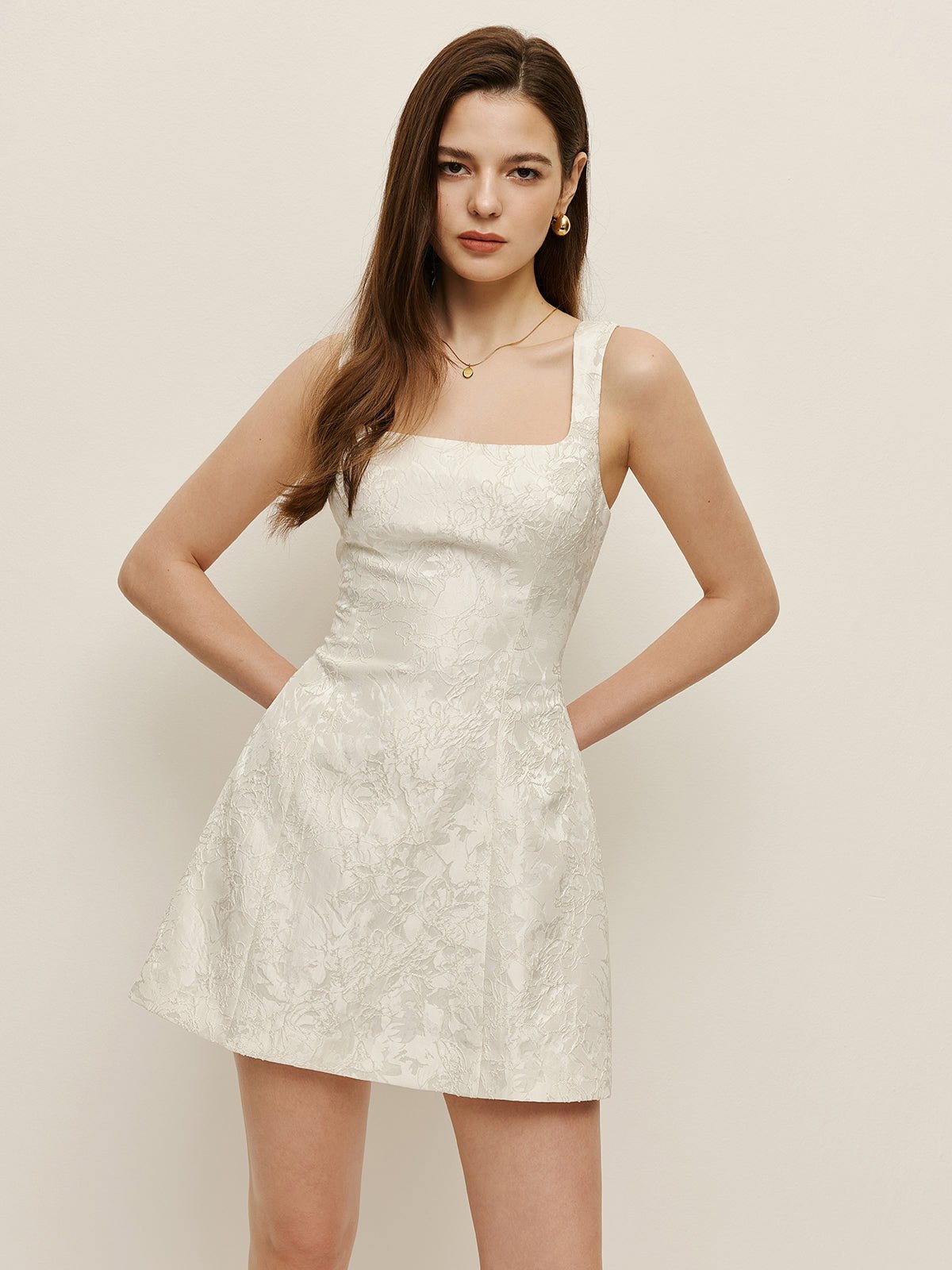Çiçek Desenli Jacquard Kare Yaka Elbise - Phentora