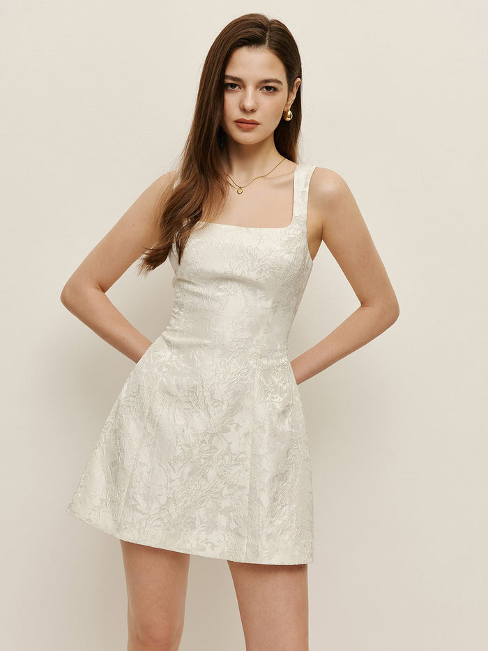Çiçek Desenli Jacquard Kare Yaka Elbise - Phentora