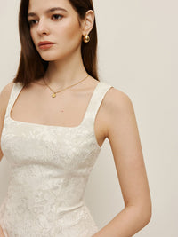 Çiçek Desenli Jacquard Kare Yaka Elbise - Phentora