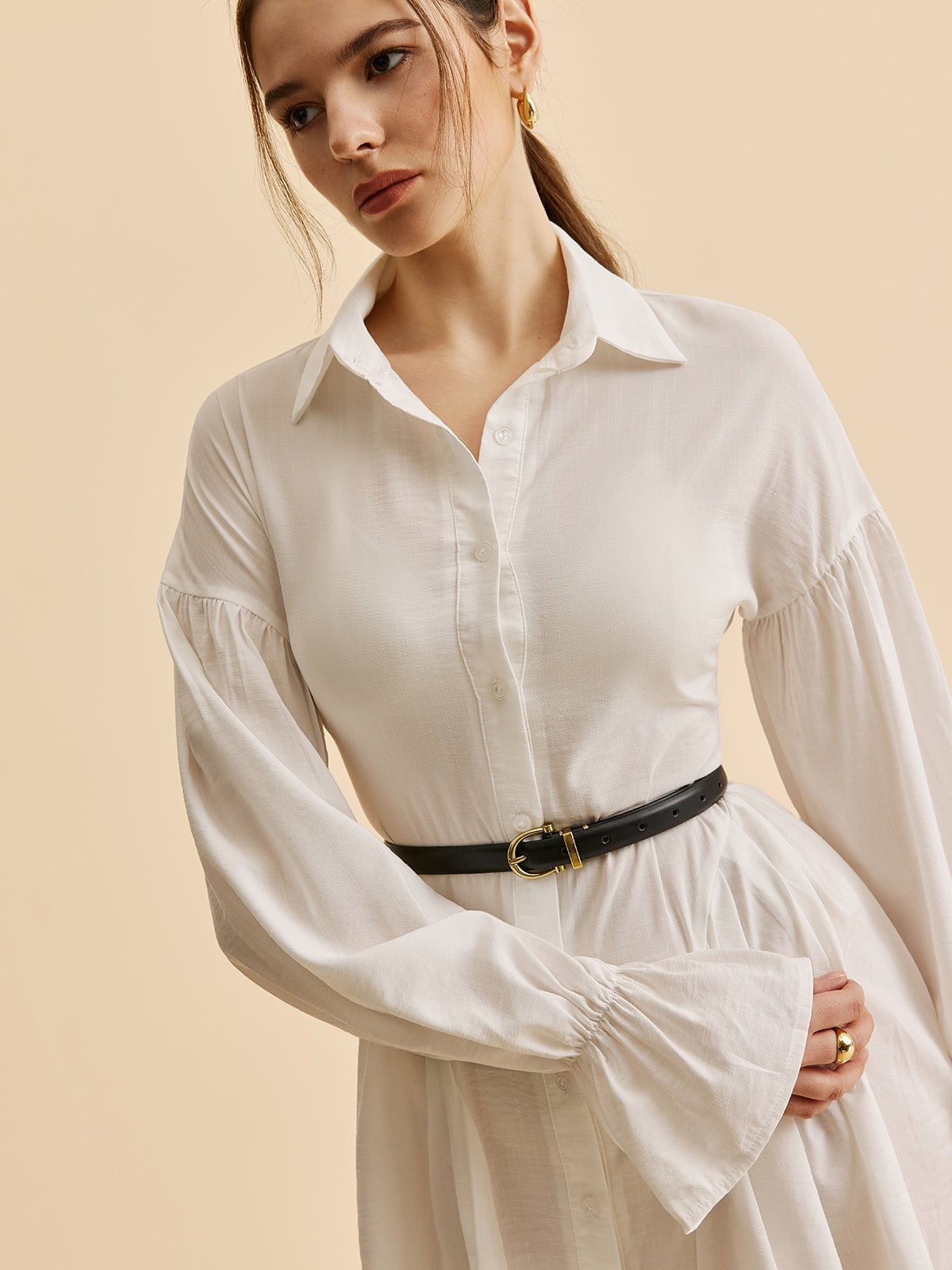 Semi - Sheer Balon Formlu Sleeve Düğmeli - Up Gömlek Elbise - Phentora