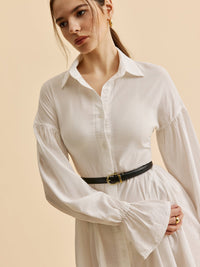 Semi - Sheer Balon Formlu Sleeve Düğmeli - Up Gömlek Elbise - Phentora