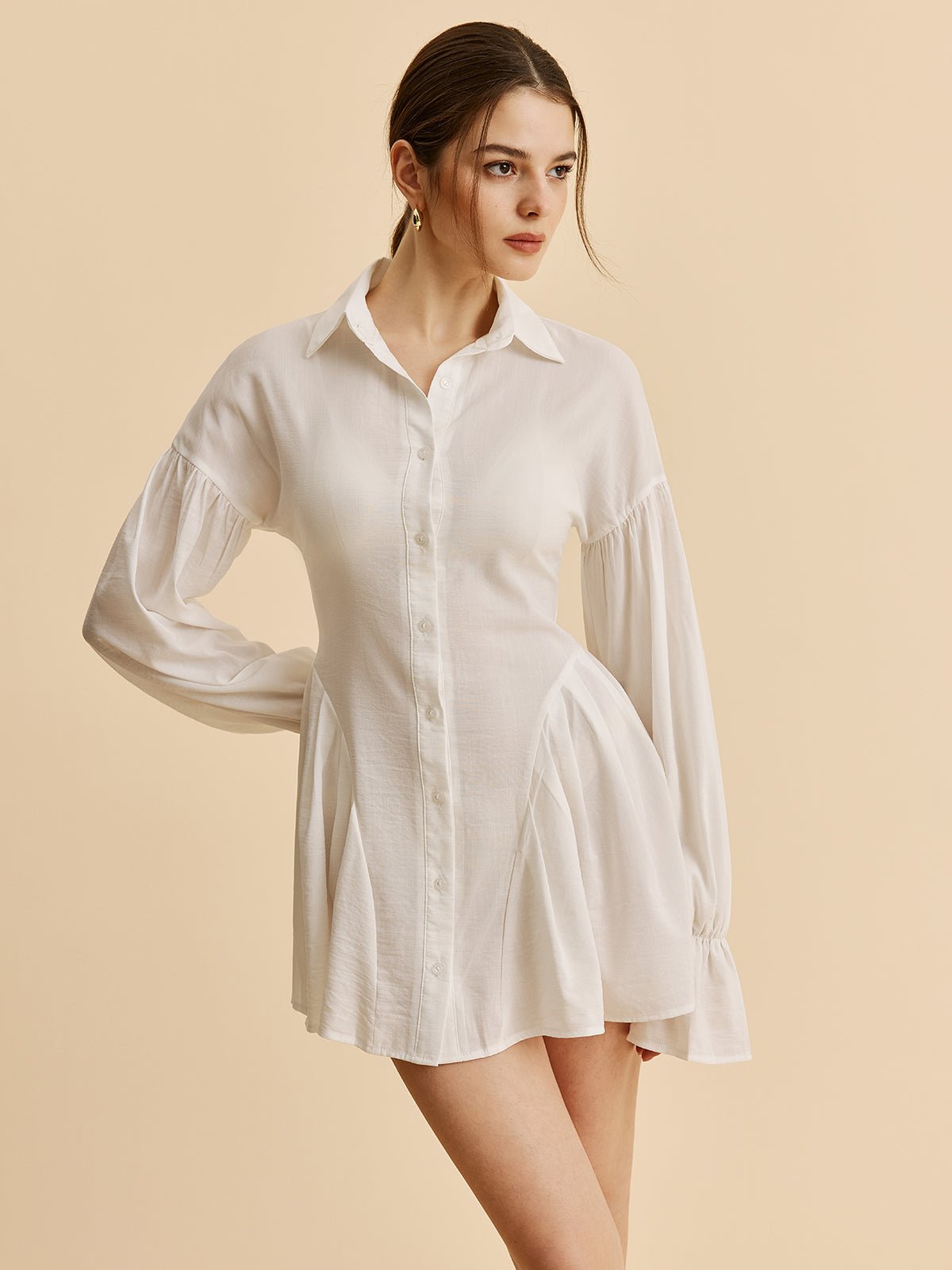 Semi - Sheer Balon Formlu Sleeve Düğmeli - Up Gömlek Elbise - Phentora