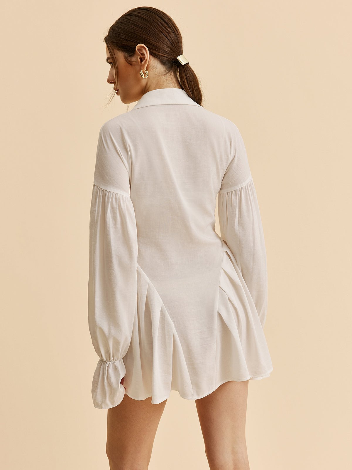 Semi - Sheer Balon Formlu Sleeve Düğmeli - Up Gömlek Elbise - Phentora
