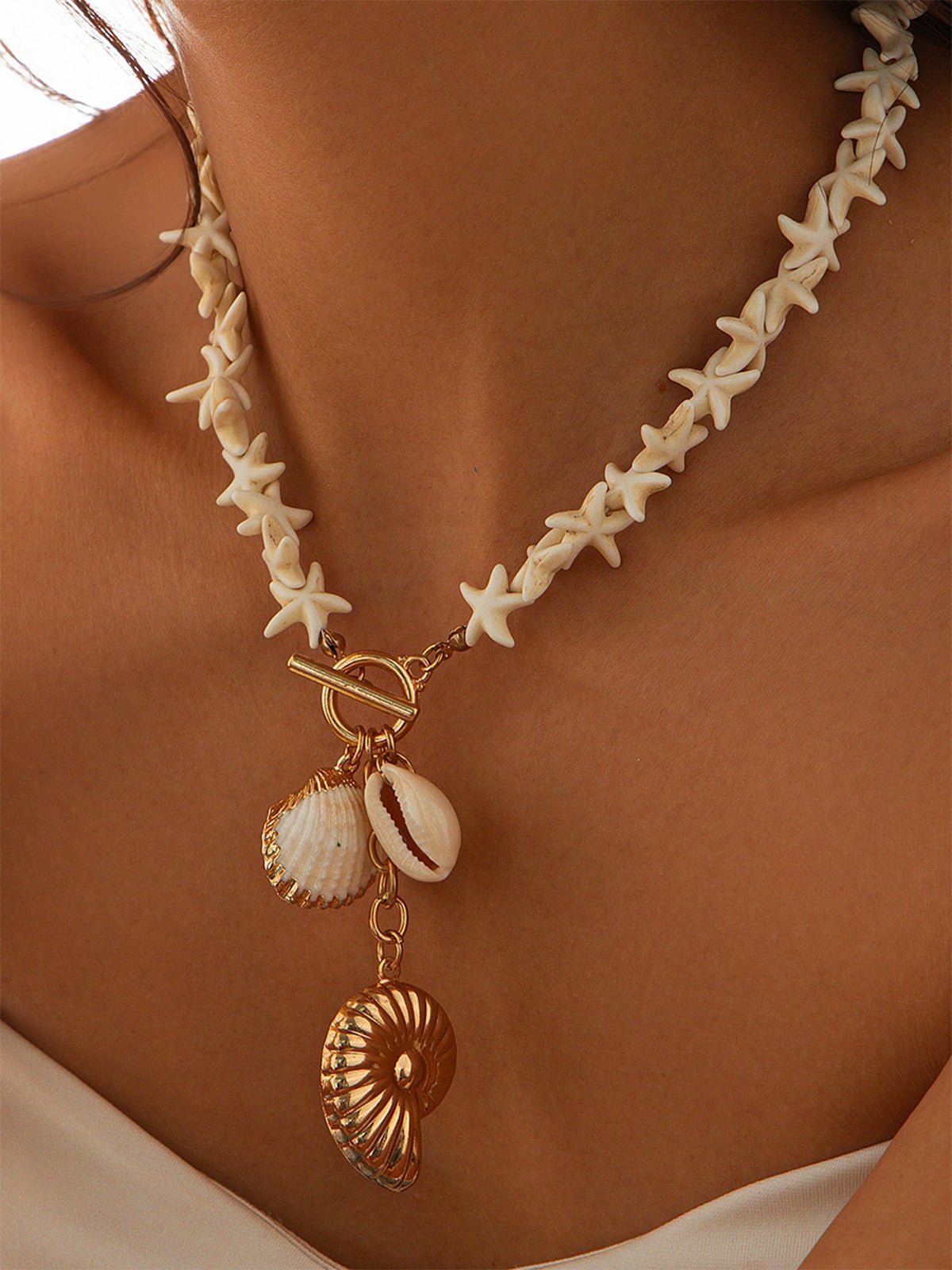 Şık Deniz Yıldızı ve Kabuk Kolye Boncuklu Necklace - Phentora