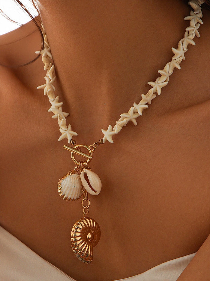 Şık Deniz Yıldızı ve Kabuk Kolye Boncuklu Necklace - Phentora