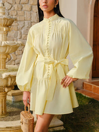 Buttoned Lantern Sleeve Kemerli Elbise - Phentora