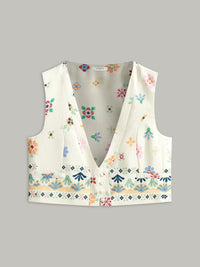 Şık Çiçek Desenli Nakışlı Yelek, Şık Düğme Detayları ile - Phentora