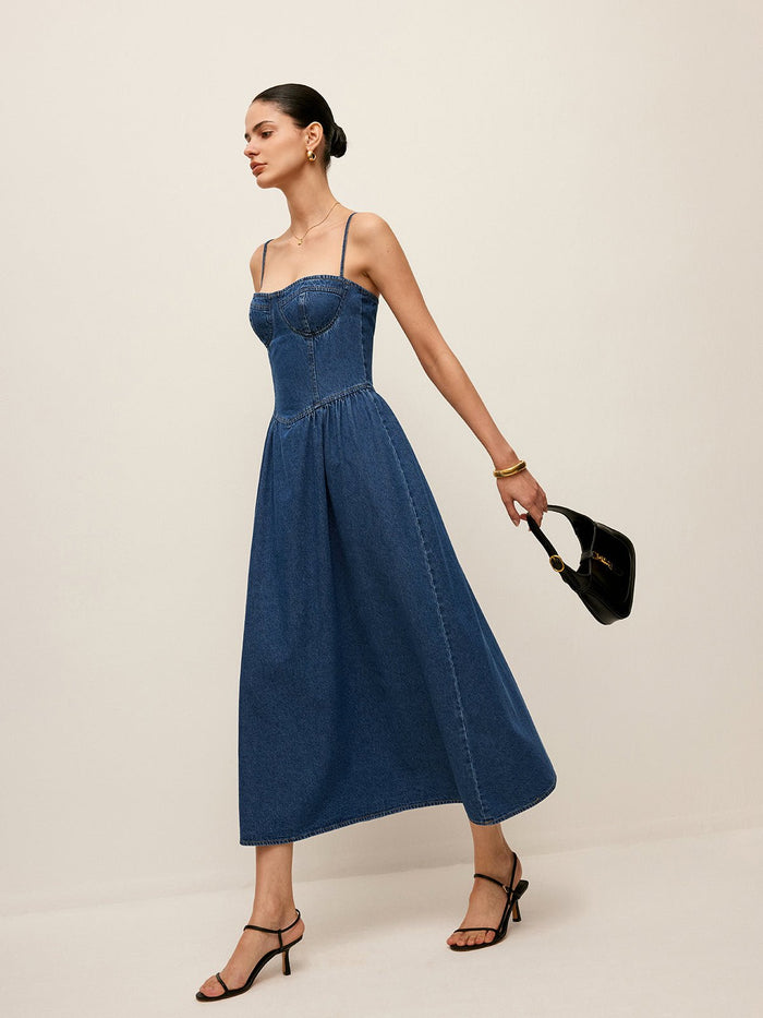 Sweetheart Collar Denim Elbise - Phentora