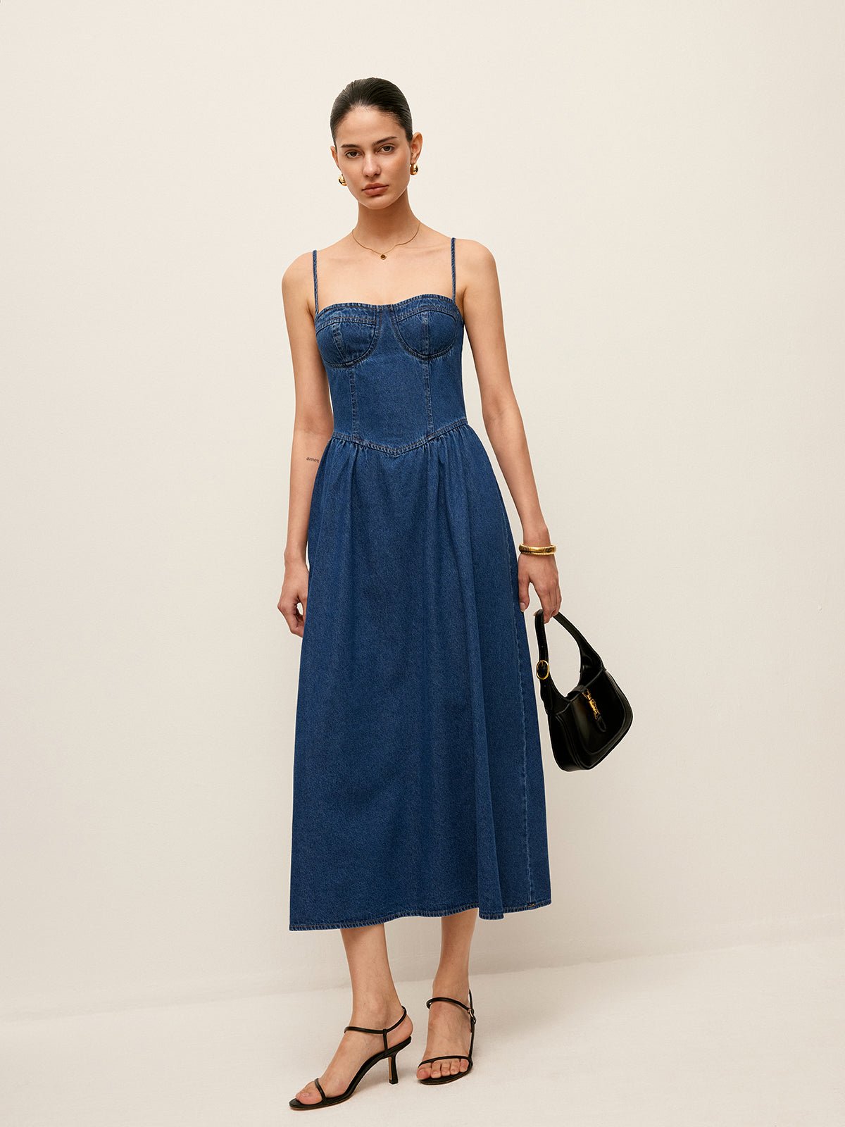 Sweetheart Collar Denim Elbise - Phentora