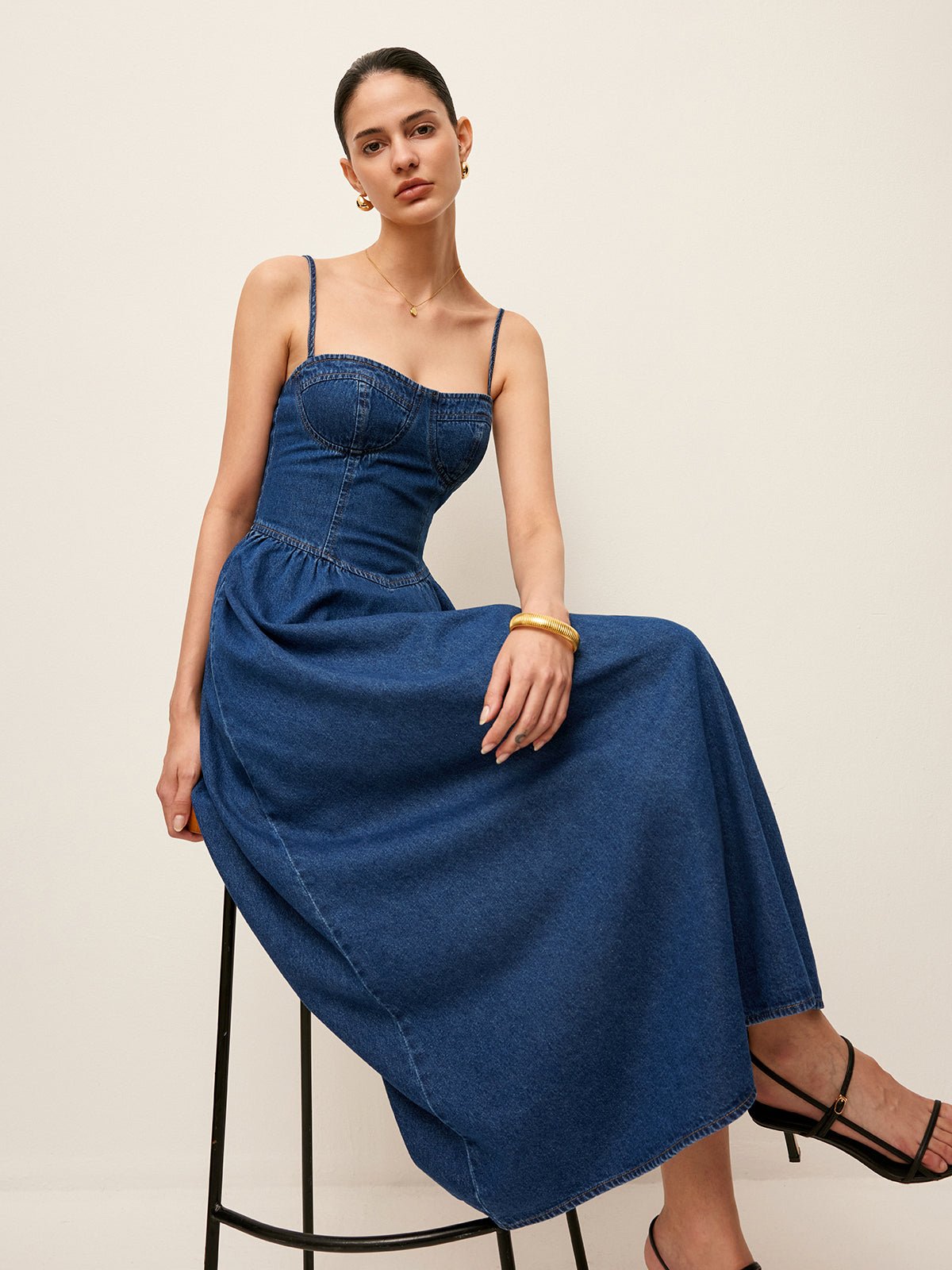 Sweetheart Collar Denim Elbise - Phentora