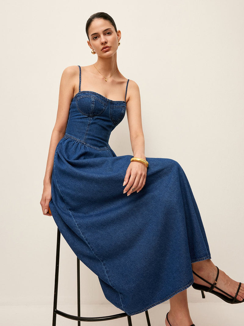 Sweetheart Collar Denim Elbise - Phentora