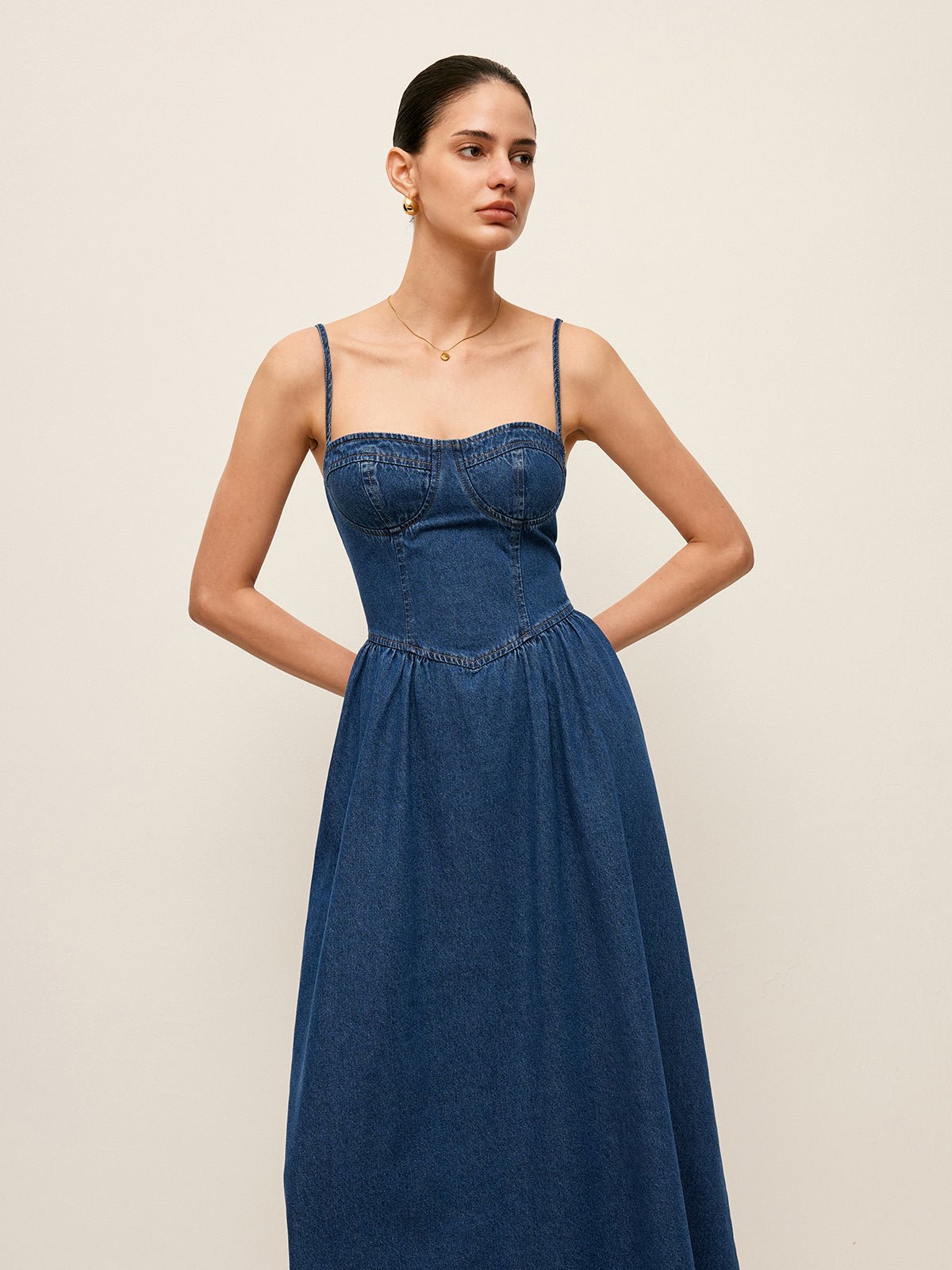 Sweetheart Collar Denim Elbise - Phentora