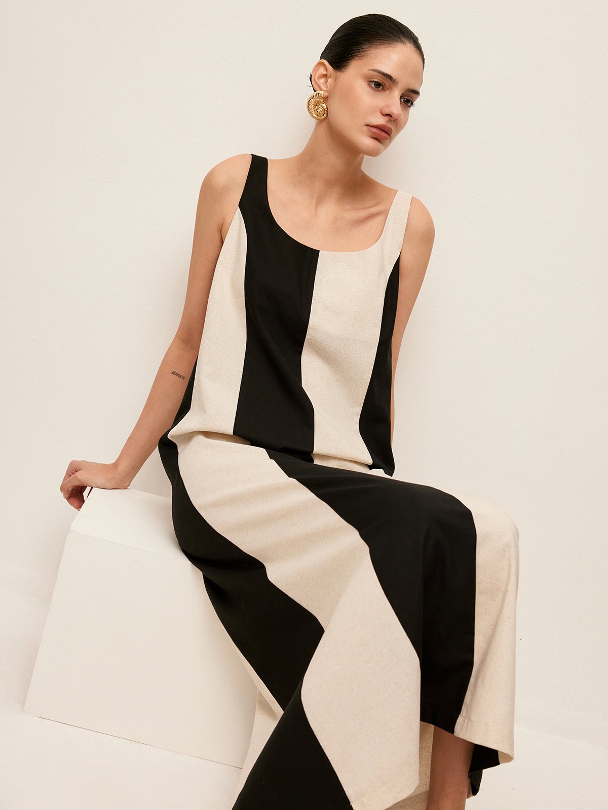 Pamuklu ve Keten Striped Kolsuz Elbise - Phentora
